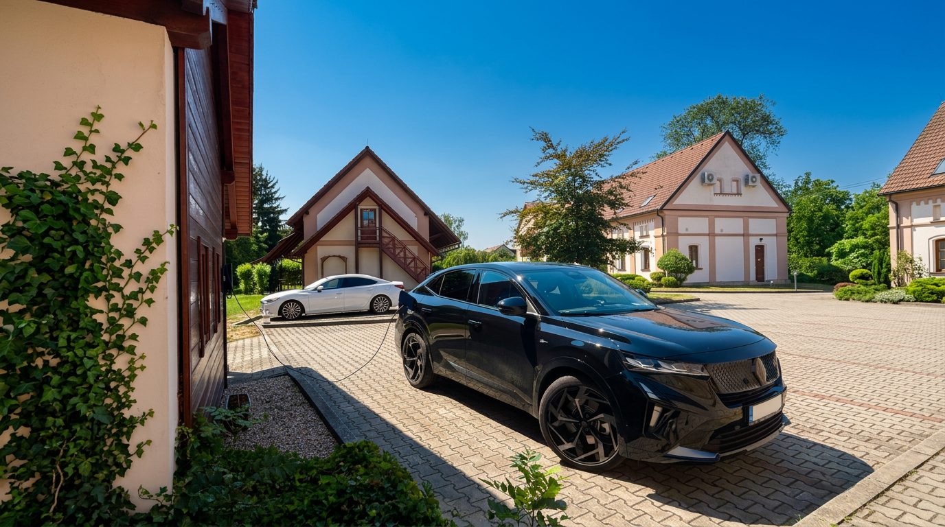 Elektromobily u dobíjecí stanice Typ 2 na uzavřeném parkovišti penzionu Nad Oborou